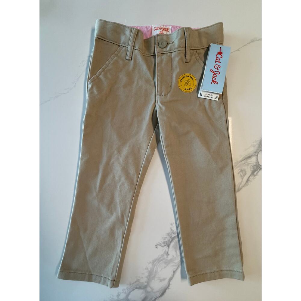 Cat & Jack Girls Khaki Skinny Uniform Pants Size 2T Reinforced Knee NWT